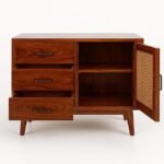 Modway Mid-Century Modern Sideboard Cabinet, Sheesham Wood with Cane Webbing, 3 Drawers and Storage Door, 120 x 40 x 75 cm, Living Room Console - Image 2